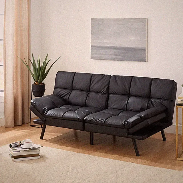 Mainstay Memory Foam Soft Black Faux Leather Futon Sleeper Sofa Couch Winged Arm