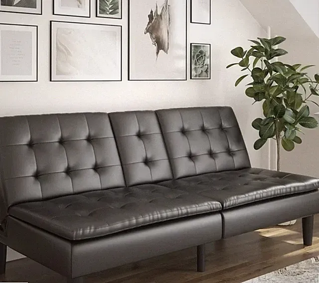 Mainstays Black Faux Leather Futon Sofa Bed, Memory Foam, Cupholders, USB