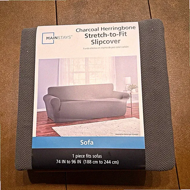 Mainstays Charcoal Herringbone Stretch-to-Fit Sofa Slipcover 1-Piece 74-96 in
