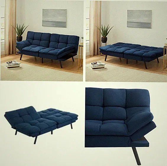 Mainstays Modern Memory Foam Futon Blue Faux Suede Sleeper Sofa Couch 600 lb Cap