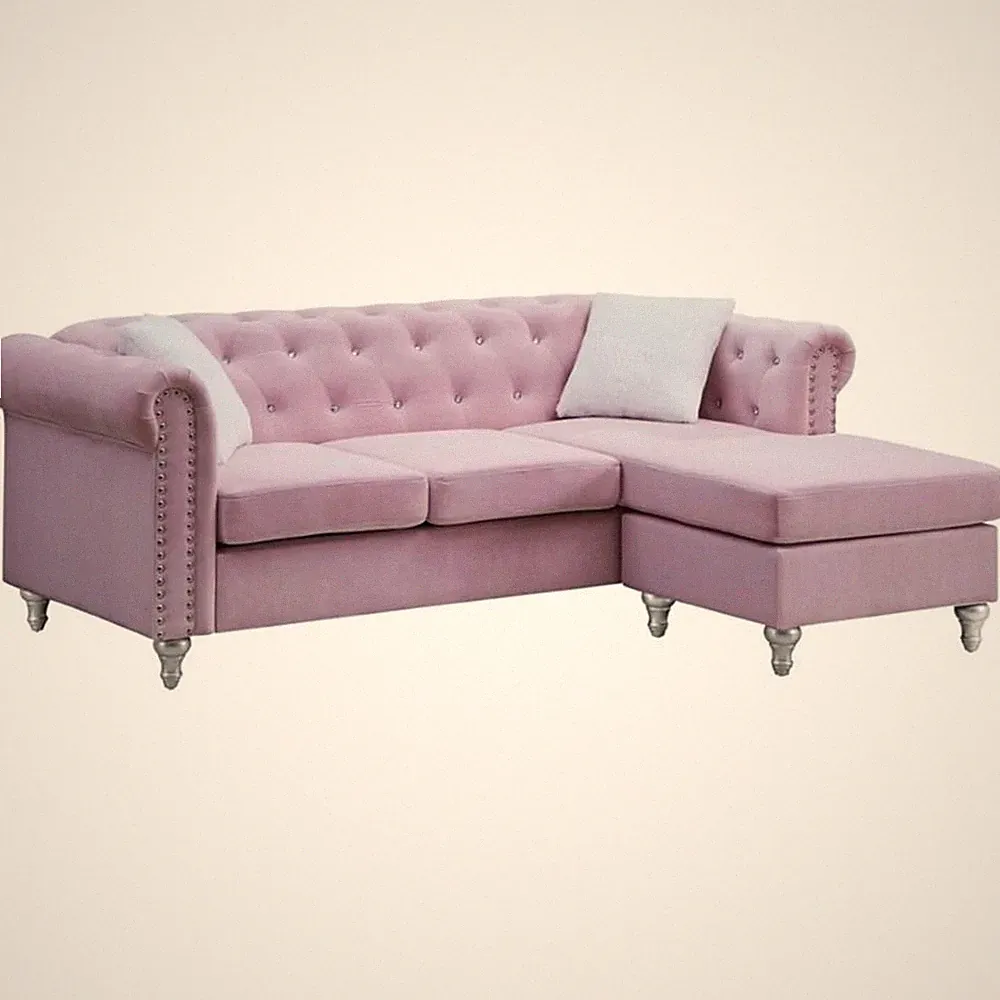 Maklaine Contemporary Faux Jewel Tufted Velvet Sofa Chaise in Pink