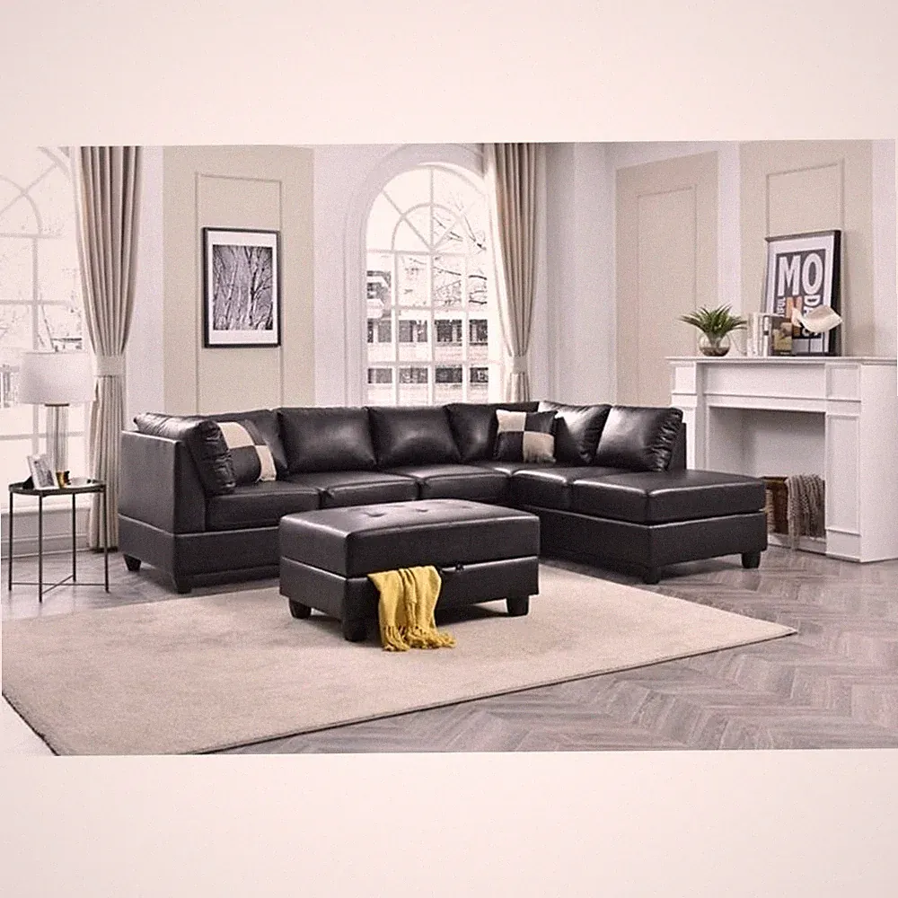 Maklaine Faux Leather Black Sectional Sofa Rectangular Reversible 111"W x 78"...