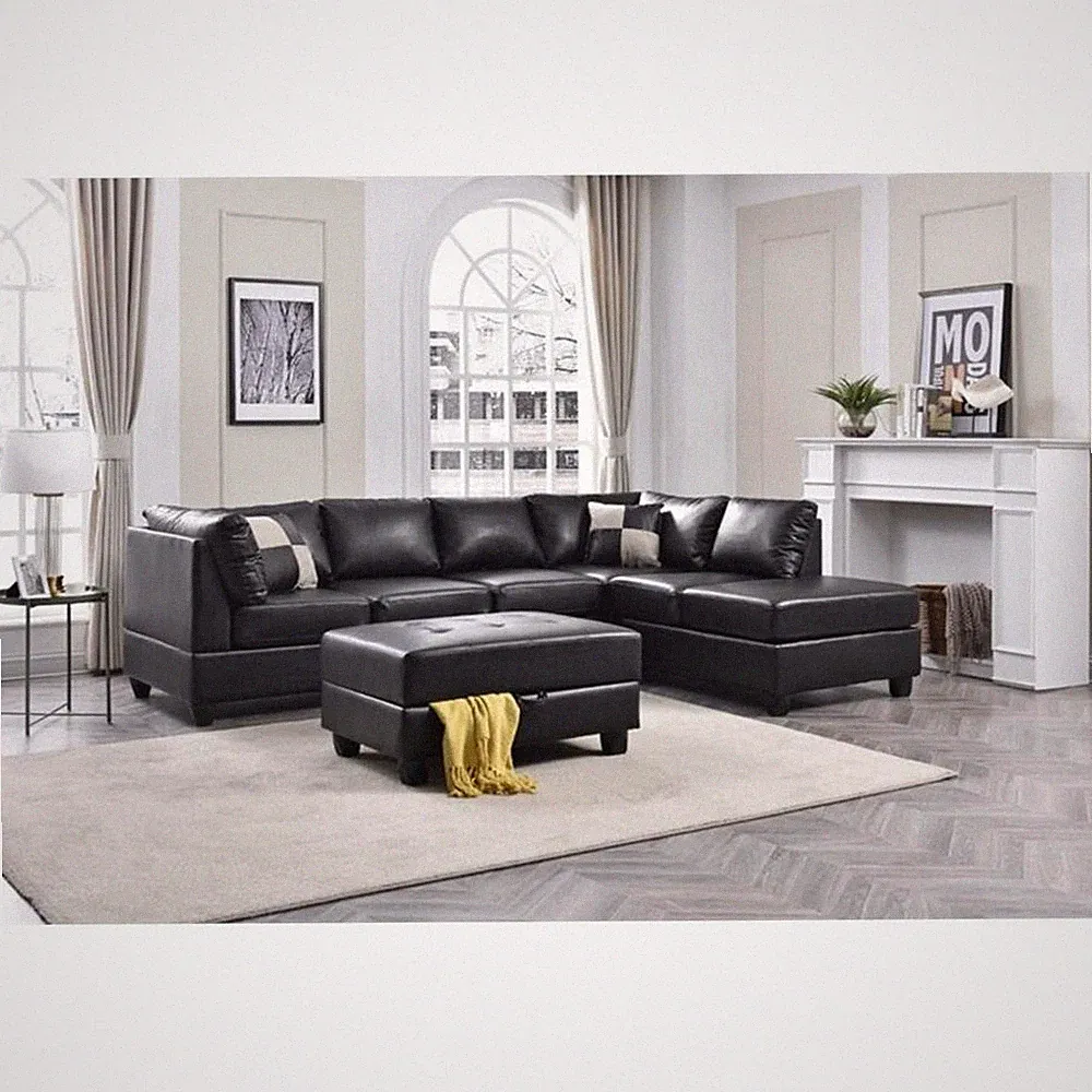 Maklaine Faux Leather Black Sectional Sofa Rectangular Reversible 111"W x 78"...