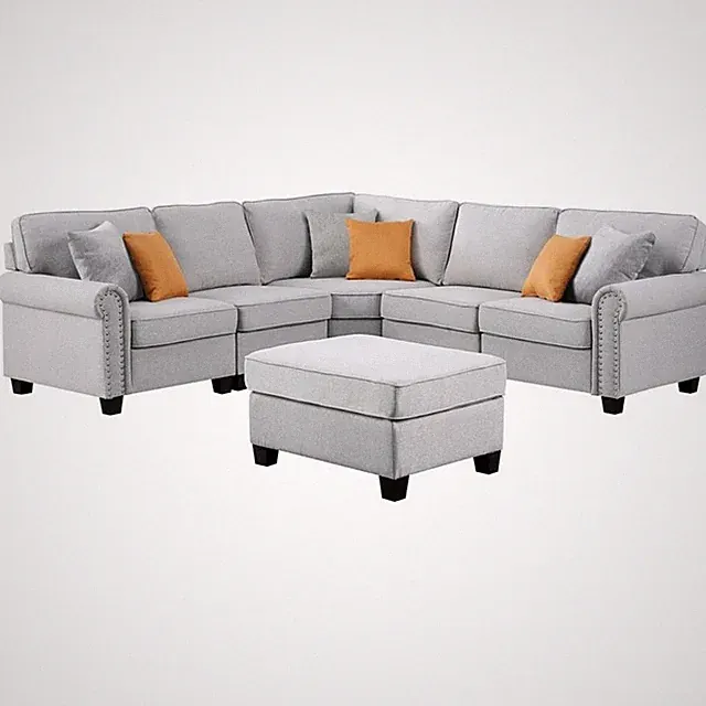 Maklaine Transitional Polyester Fabric U-Shaped Sectional Sofa in Light Gray