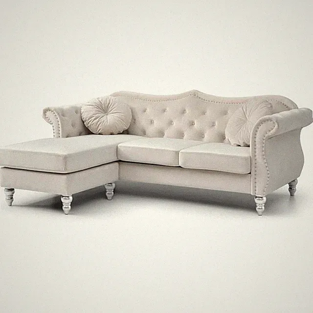 Maklaine Transitional Tufted Velvet Sofa Chaise in Ivory Finish