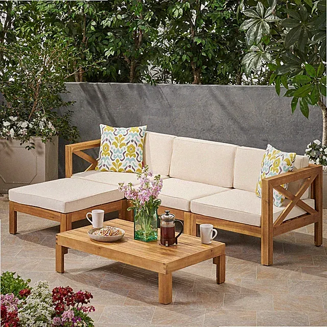 Mamie Outdoor Acacia Wood 5 Piece Sofa Set