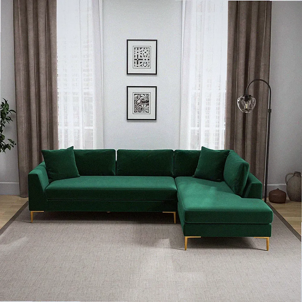 Mano L-Shaped Velvet Sectional Sofa In Green Right Facing