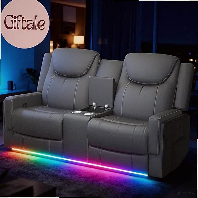 Manual Loveseat Recliner Sofa, Home Theater Seating with PU Gray Leather, Consol