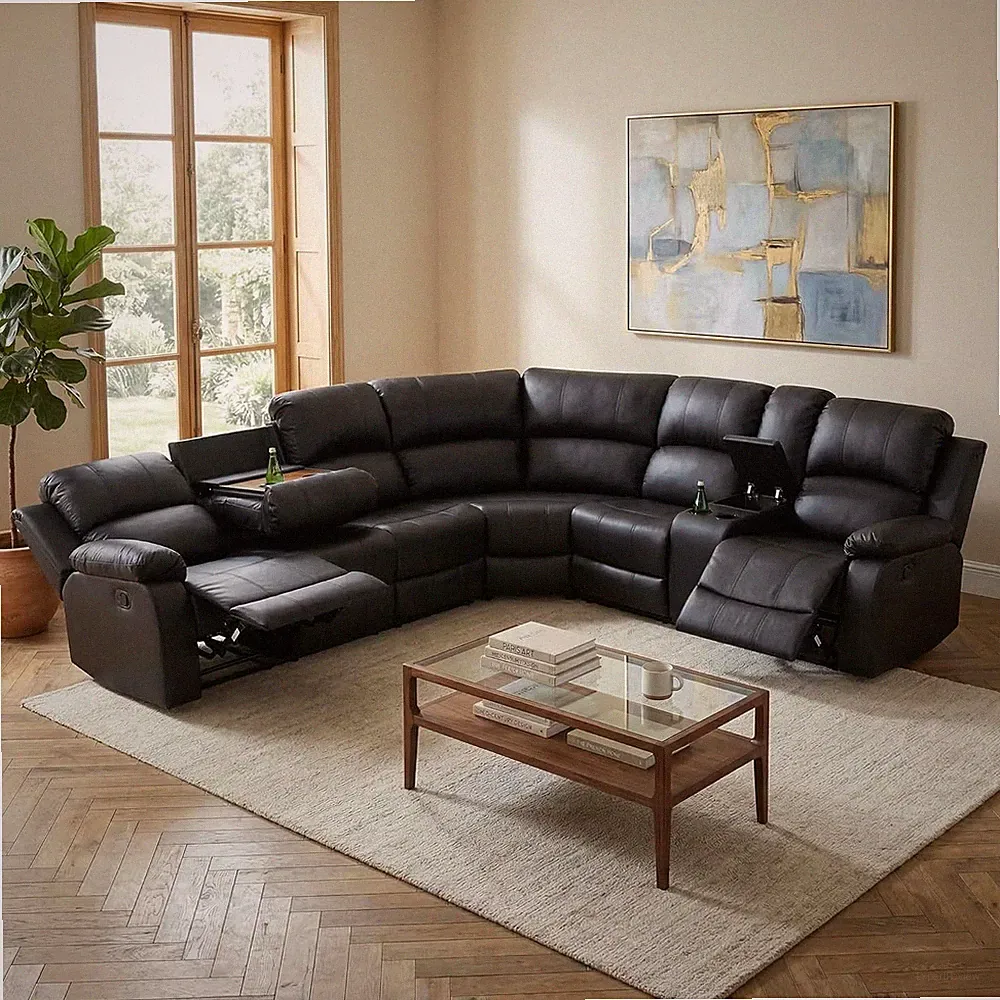 Manual Recliner Sectional Sofa Set, Bonded Leather L-Shaped Living Room Furnitur