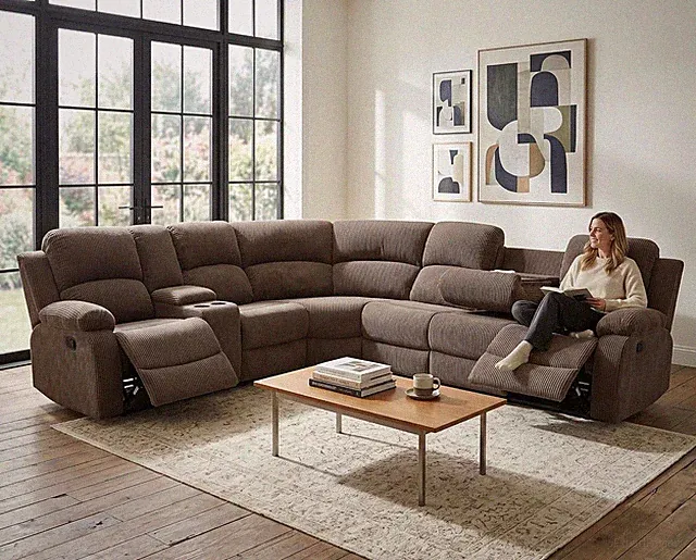 Manual Recliner Sectional Sofa Set, Corduroy L Shaped Living Room Furniture Sets