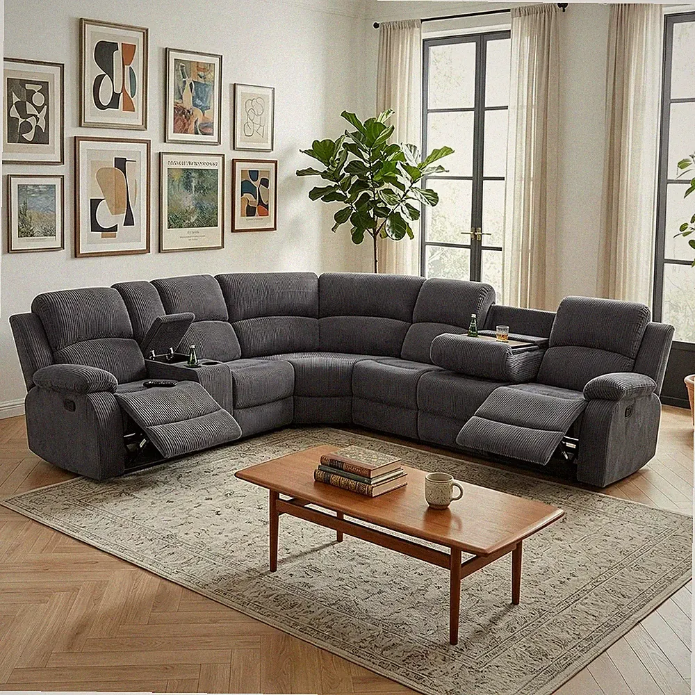 Manual Recliner Sectional Sofa Set, Corduroy L-Shaped Living Room Furniture Sets