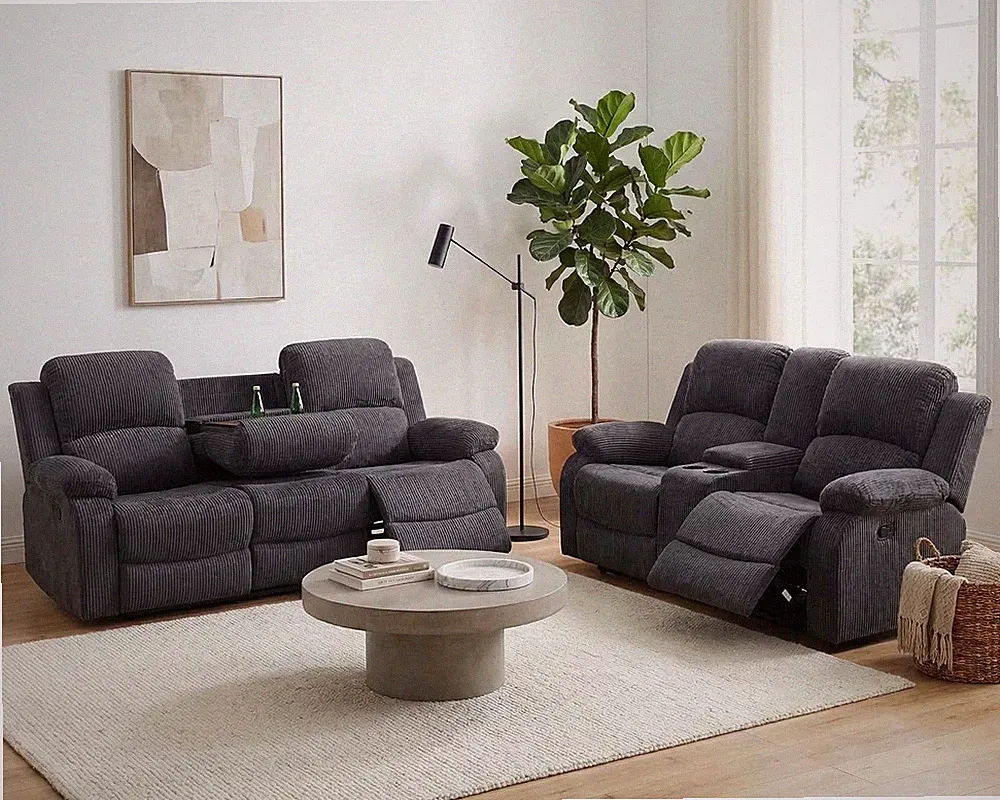 Manual Recliner Sofa and Loveseat Set with Cup Holders&Storage, Corduroy Fabric
