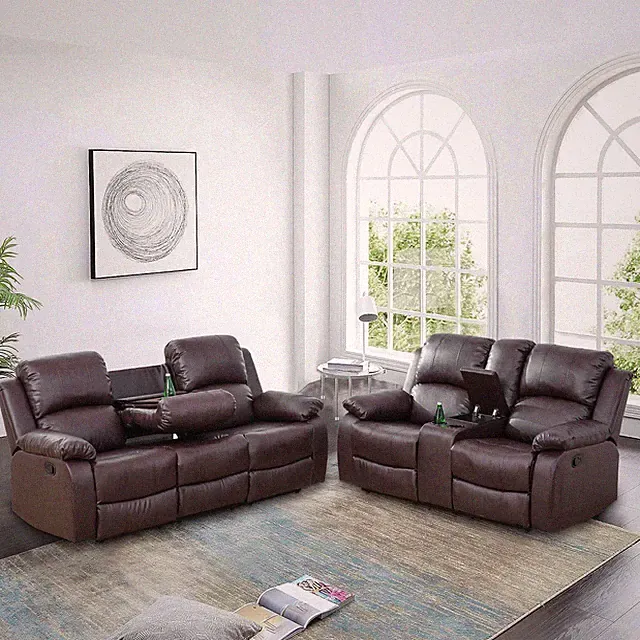 Manual Recliner Sofa and Loveseat Set with Cup Holders&Storage, Faux Leather Liv