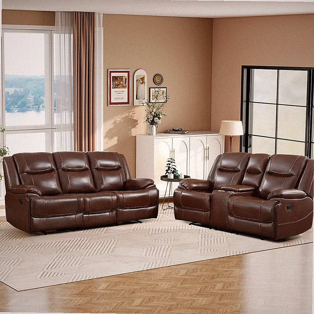 Manual Recliner Sofa Set, Genuine Leather Overstuffed Reclining Living Room Furn