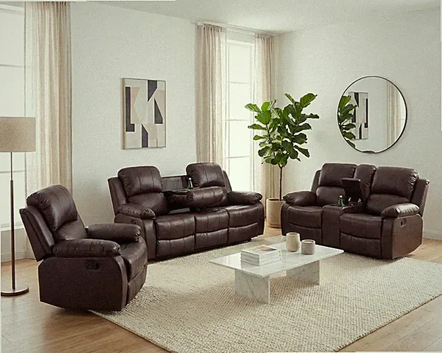 Manual Recliner Sofa Set with Drop down Table&Storage Console (Brown) | 3 Piece