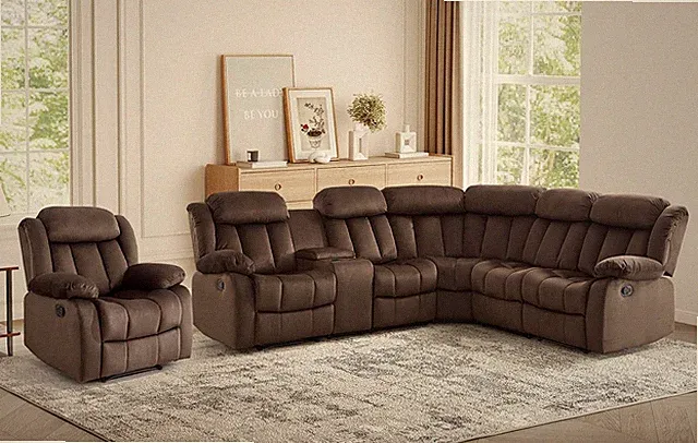 Manual Reclining L-Shaped Sectional Sofa Set, Soft Fabric Corner Couch with Cent