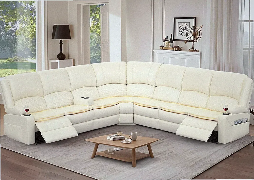 Manual Reclining Sectional Sofa Set, 7 Seats Soft Leather Recliner