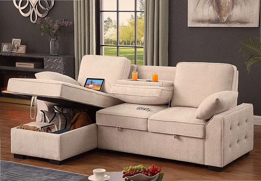 Marcello 91"W Beige Chenille Fabric Reversible Sleeper Sectional with Storage Ch