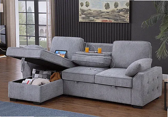 Marcello 91"W Light Gray Chenille Fabric Reversible Sleeper Sectional with Stora