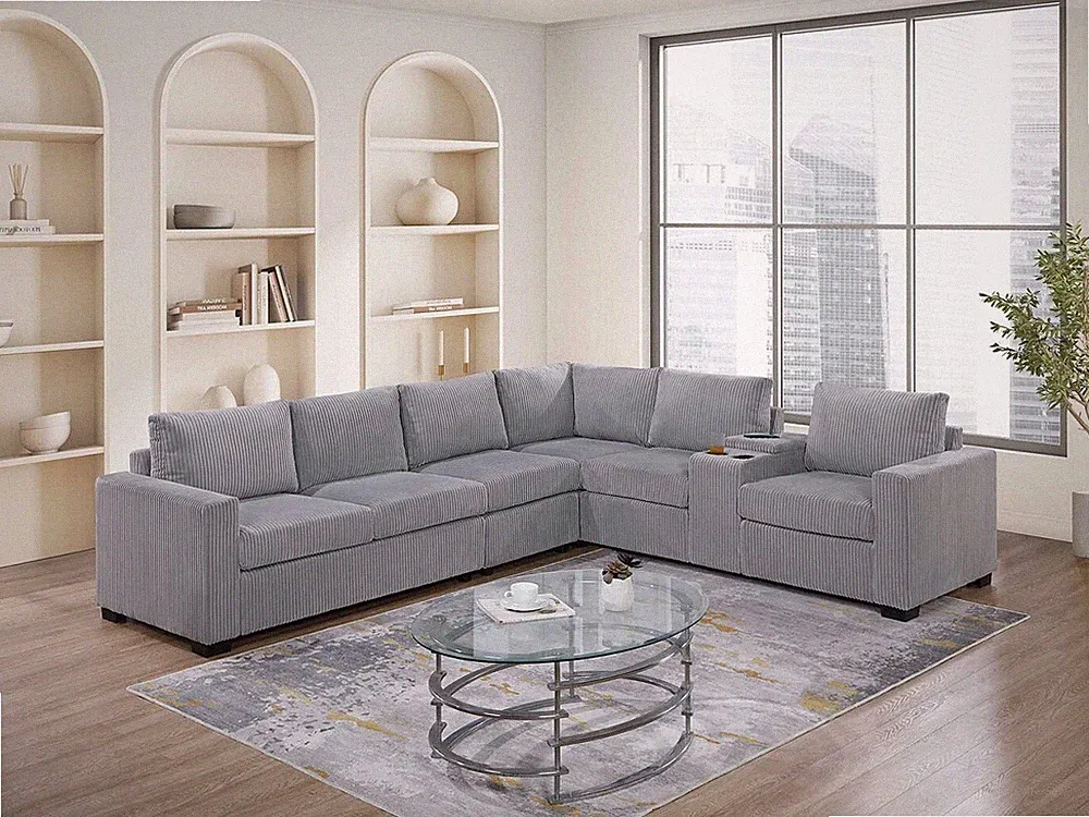 March 4-Piece L-Shaped Sectional Sofa with Console in Light Gray Corduroy