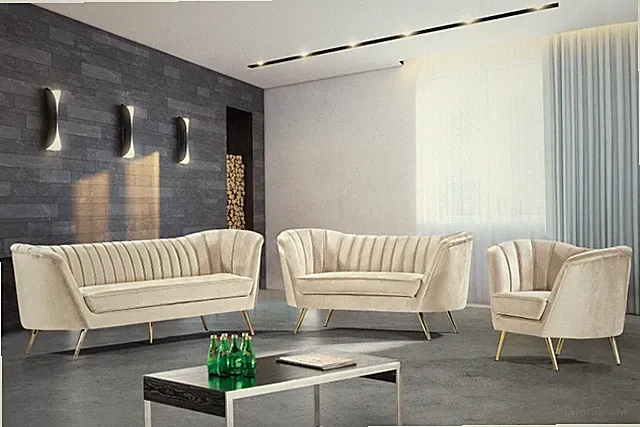 Margo Contemporary Cream Velvet Living Room Set W Gold Metal Legs
