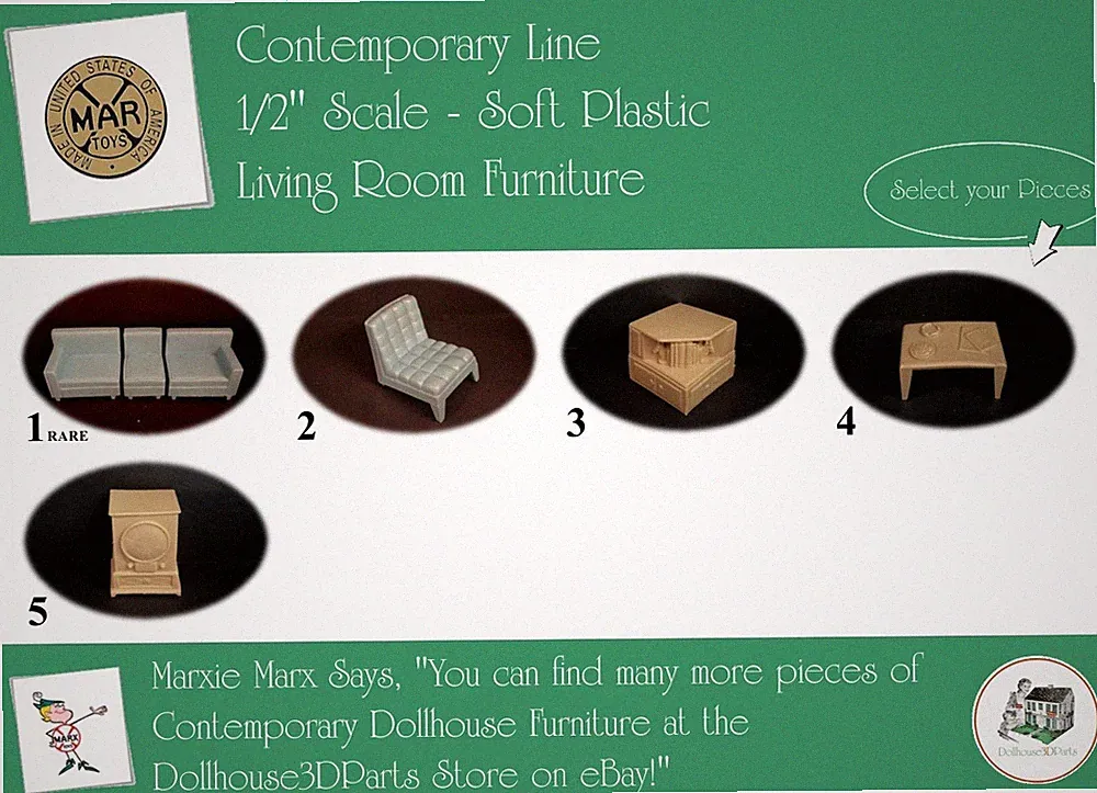 MARX Vintage Dollhouse Furniture, Contemporary Line, 1/2" Scale, SOFT Plastic