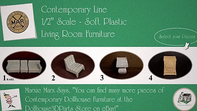 MARX Vintage Dollhouse Furniture, Contemporary Line, 1/2" Scale, SOFT Plastic