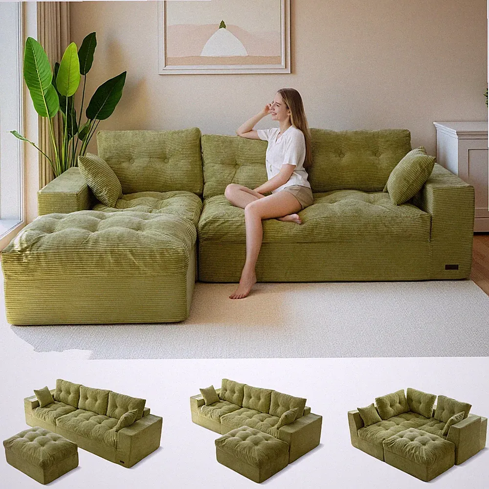 MAXYOYO 104" L Shaped Sofa,Corduroy Modular Sectional Boneless Couch with Pillow
