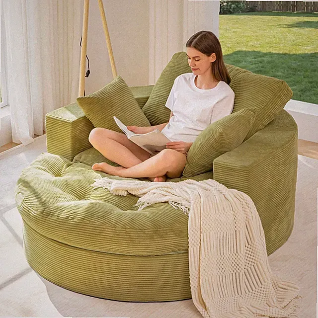 MAXYOYO 63'' Corduroy Round Chaise Lounge Chair,Boneless Chaise With Ottoman