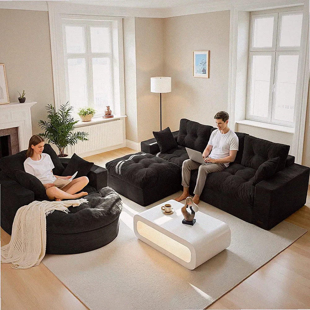MAXYOYO L Shaped Sofa+Round Chaise Lounge Chair,Modular Sectional Boneless Couch