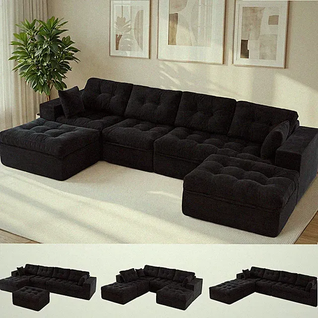 MAXYOYO Oversize L/U-Shaped Modular Sofa, Corduroy Boneless Couch With Ottoman