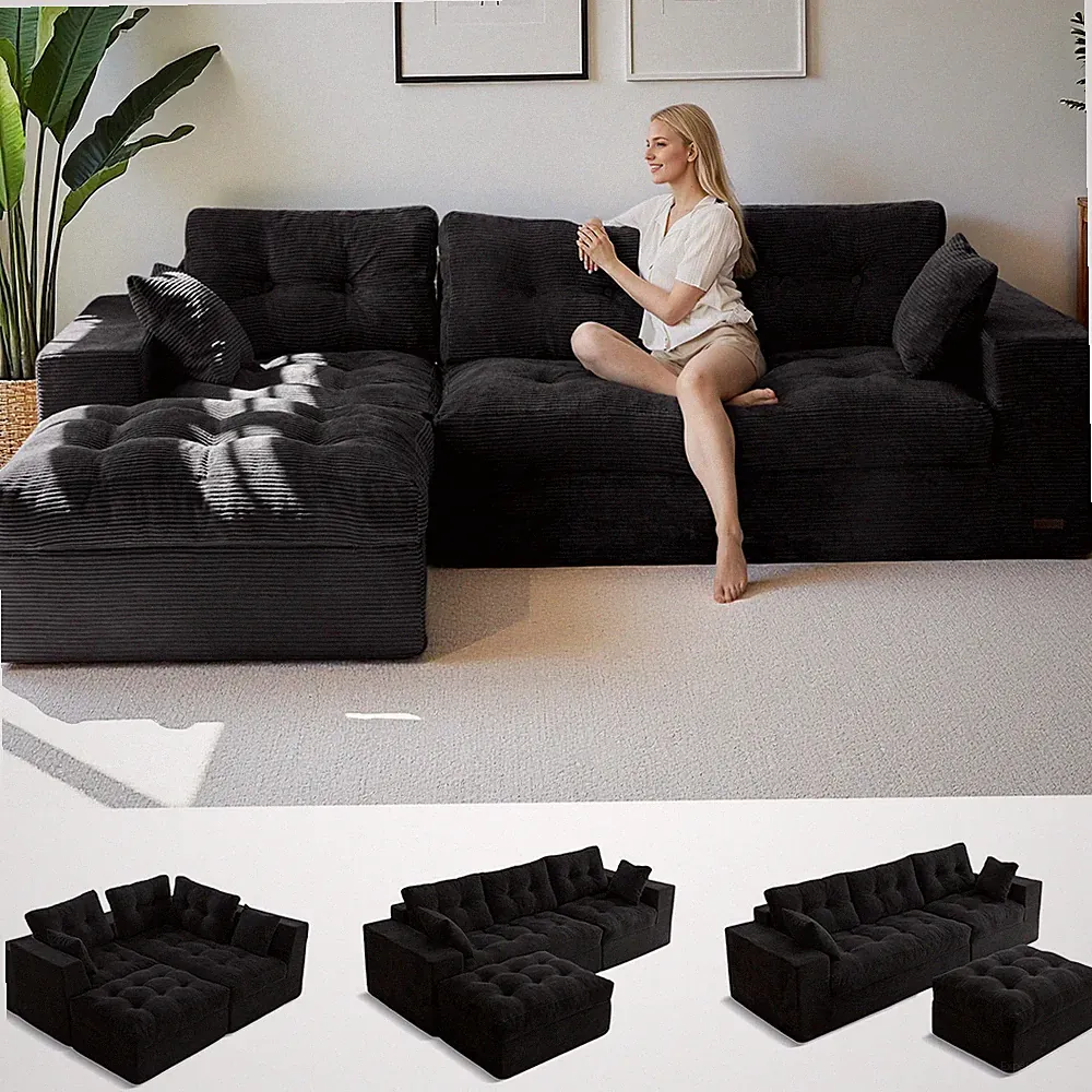 MAXYOYO Oversize L/U-Shaped Modular Sofa, Corduroy Boneless Couch With Ottoman