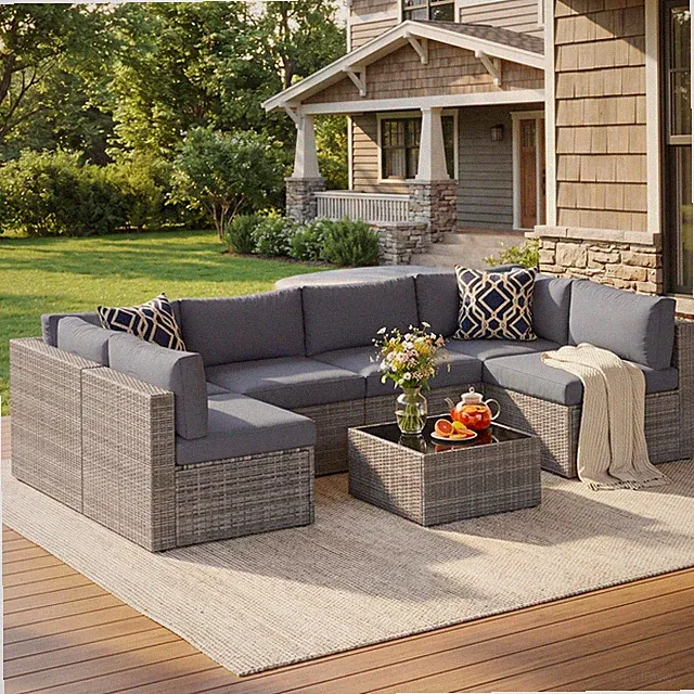 May in Color 7 Pieces Wicker Outdoor Patio Furniture Set 7-Pieces, Grey