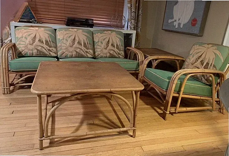 MCM 6 Piece Rattan Bamboo Sectional Sofa Chair Tables Orig. Cushions Fabric VGC