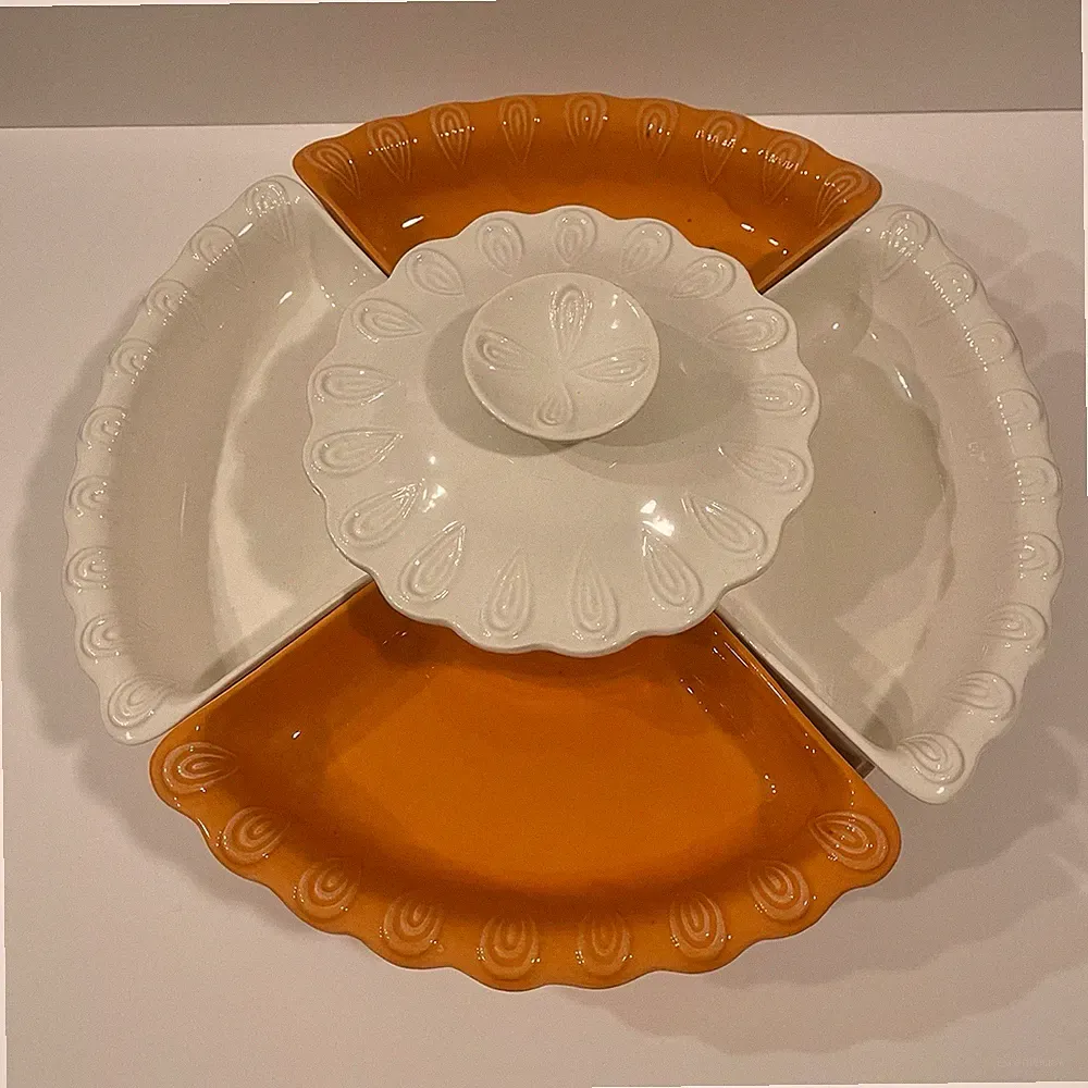 MCM Calif USA L74 Lazy Susan Round Ceramic/Wood Sectional Serving Tray