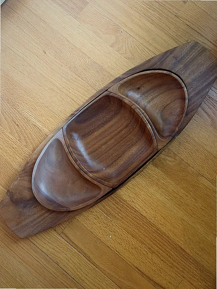 MCM Monkey Pod Wood Serving Three-Section Tray Party Relish Trinket Mod