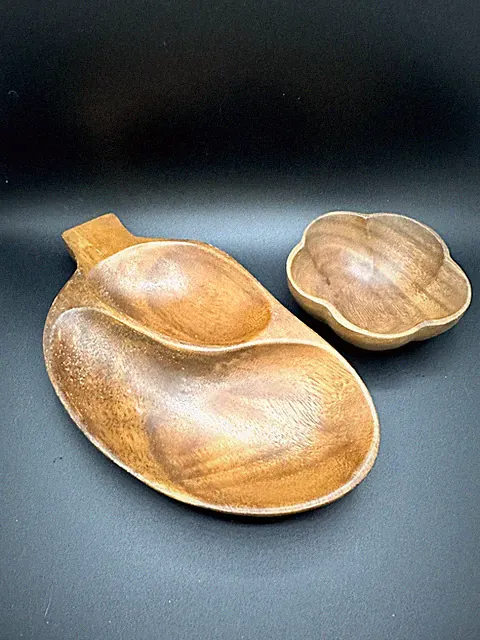 MCM TWO SECTION HAND CRAFTED WOODEN BOWL VINTAGE 9.5"x5" + small bowl