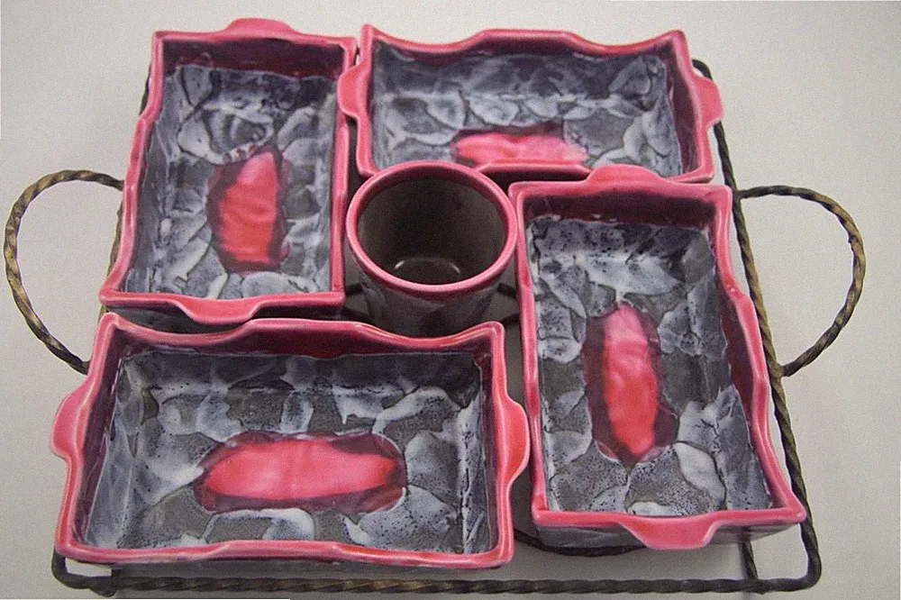 MCM Vallauris French Majolica Sectional Appetizer Serving Tray Lava Drip Glaze
