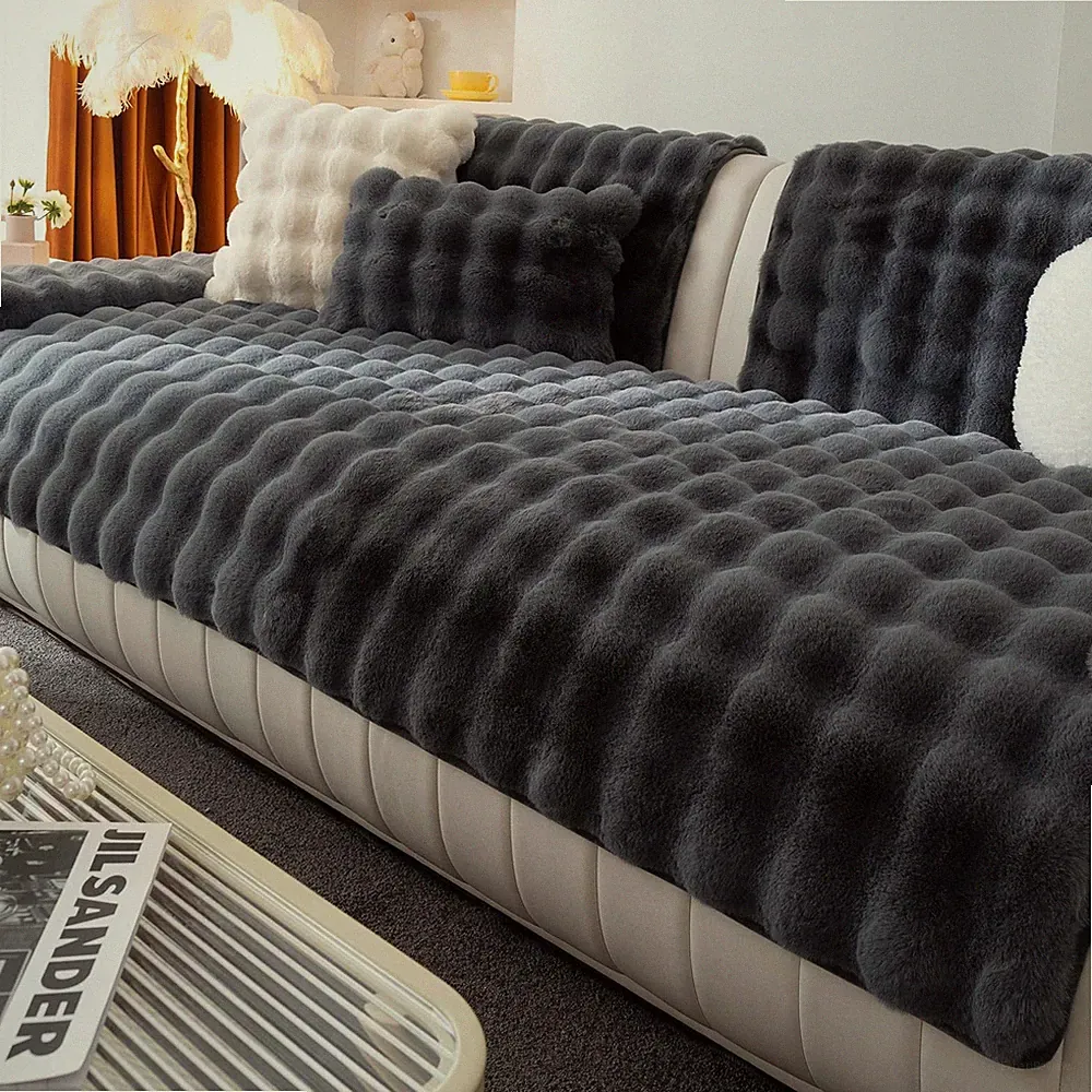 MDSASFD Faux Rabbit Fur Couch Cover Plush Sectional Slipcover Washable
