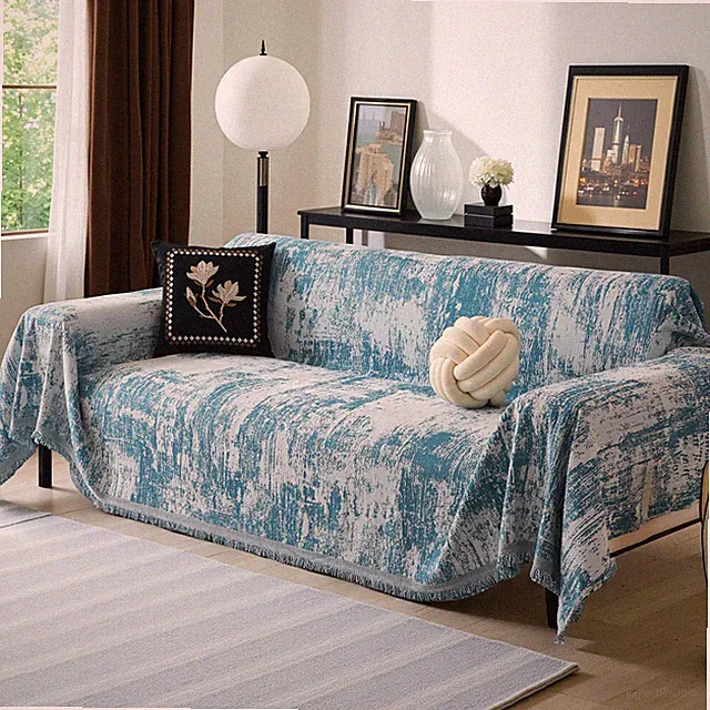 MEETSKY Blue Chenille Sectional Sofa Cover Geometric Abstract Washable 2-Cushion