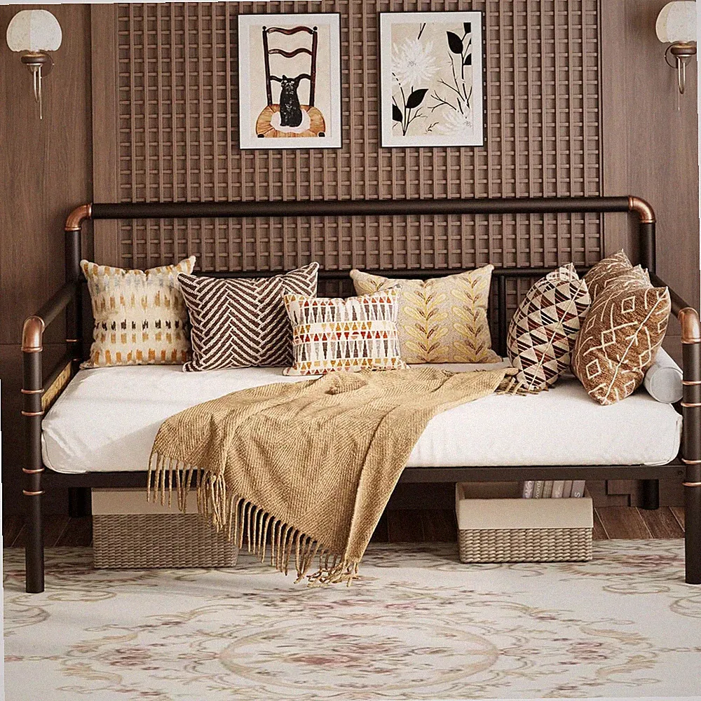 Metal Daybed Frame Full Size, Daybed with Classic Headboard,Brown | Sofa Bed Pla
