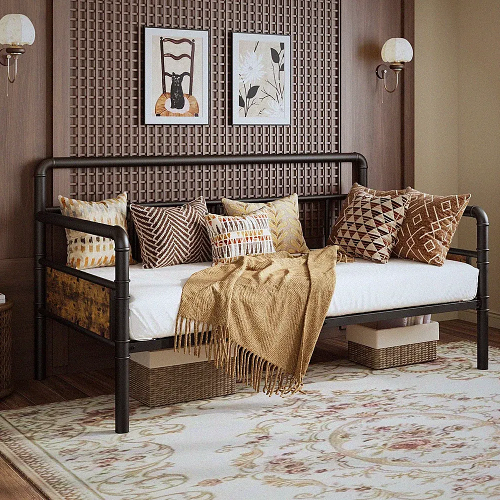 Metal Daybed w/Trundle Storage Twin Size Black Sofa Bed Platform Bed Frame