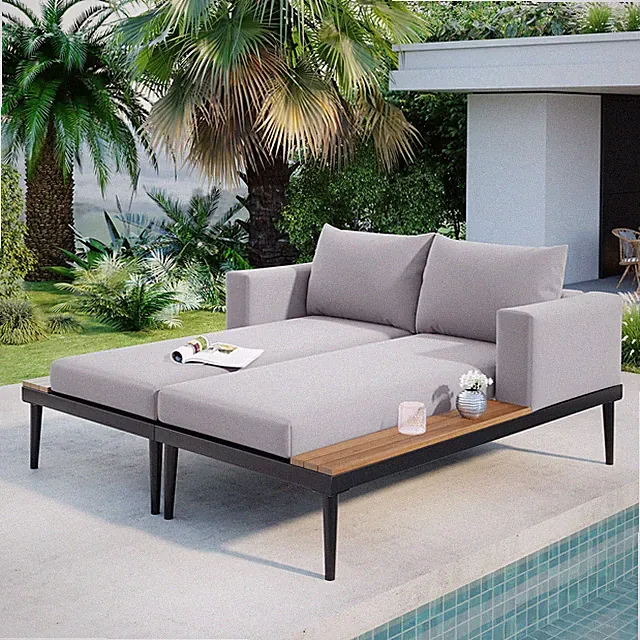 Metal Patio Daybed w/Wood Side Benches, Outdoor Sofa Beds w/Cushions & Pillows