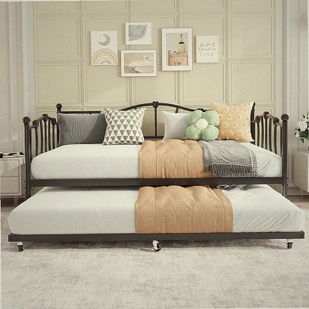 Metal Twin Day Bed with Trundle Space Saving Sofa Bed for Apartment Bedroom