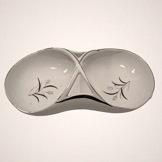 Metasco Silver Trim 2 Section Handle Nut Trinket Candy Dish White Black Japan