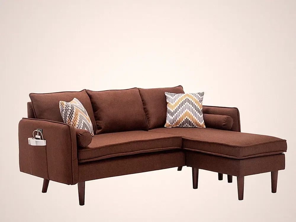 Mia 70" Brown Sectional Sofa Chaise with USB Charger & Pillows