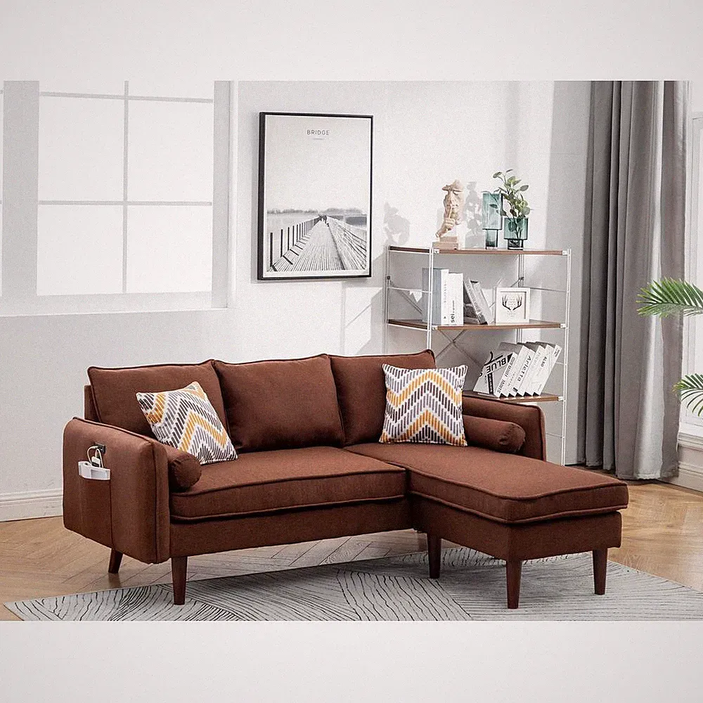 Mia Brown Sectional Sofa Chaise with USB Charger & Pillows