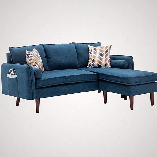 Mia Linen Fabric Sectional Sofa Chaise with USB Charger & Pillows in Blue