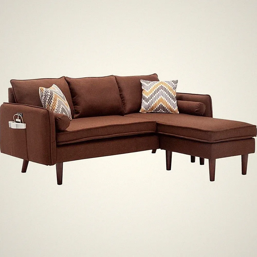 Mia Linen Fabric Sectional Sofa Chaise with USB Charger & Pillows in Brown