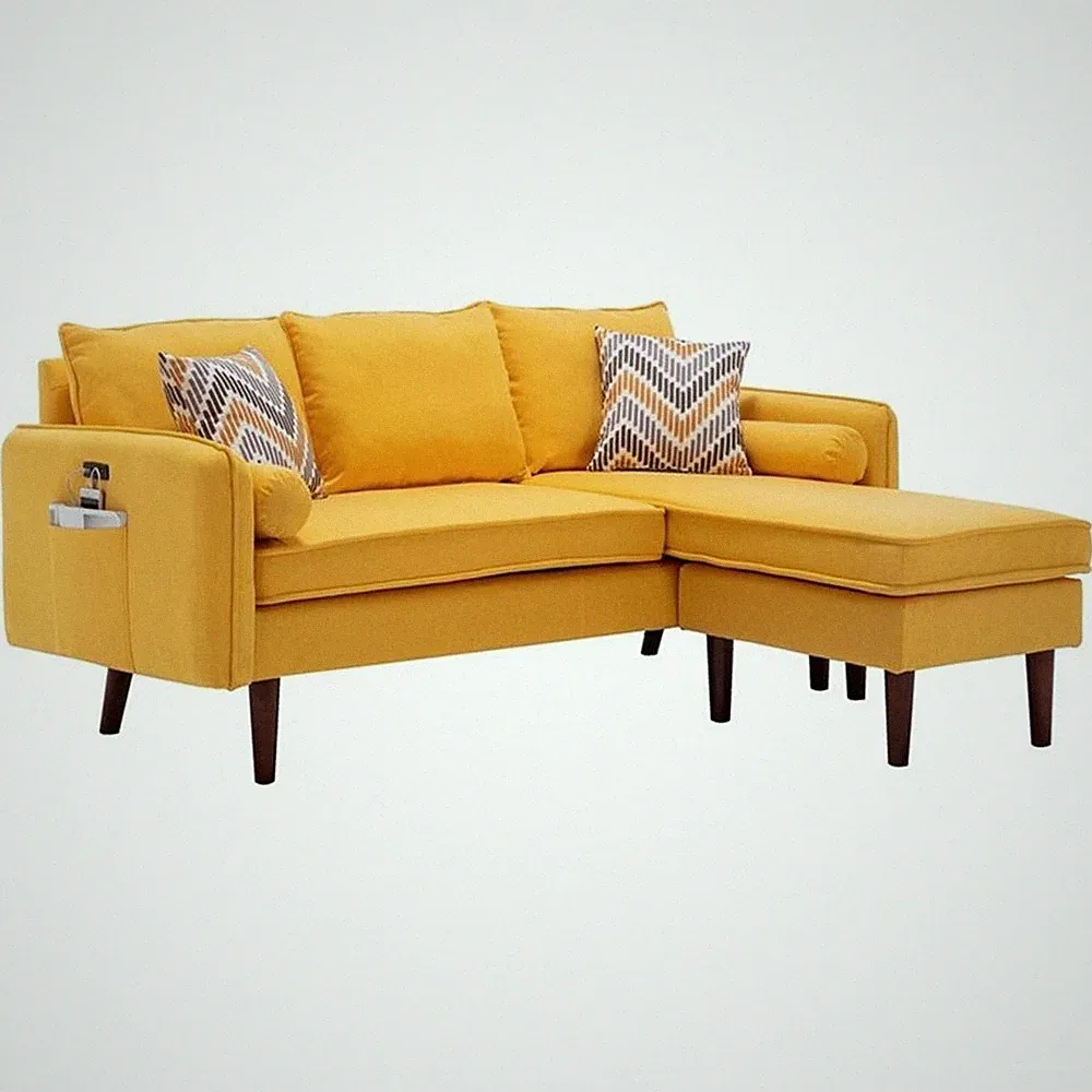 Mia Linen Fabric Sectional Sofa Chaise with USB Charger & Pillows in Yellow